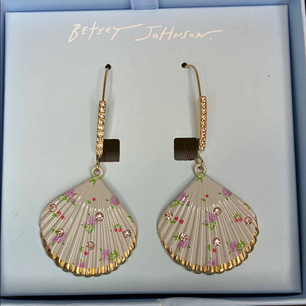 Betsey Johnson Gold and Light Blue Floral Shell Earrings with Pink Rhinestones